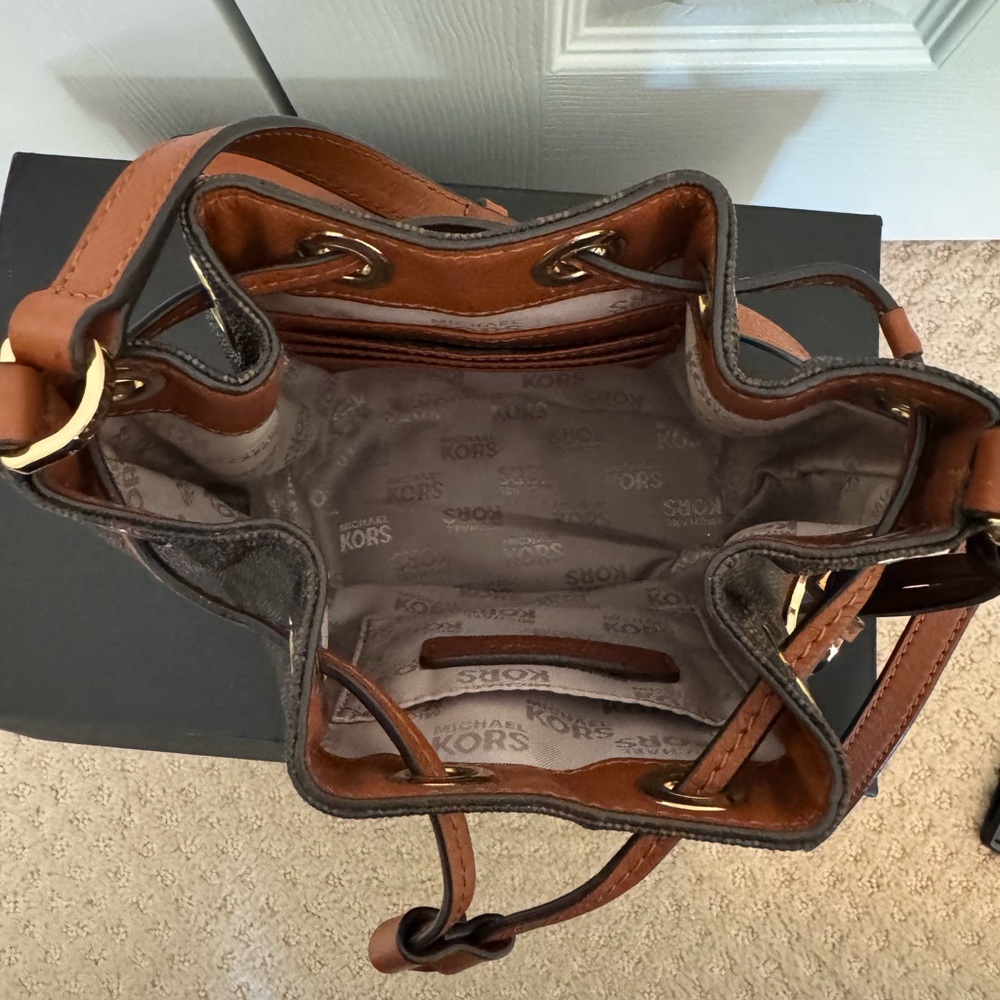 Michael Kors Brown & Tan Signature Monogram Drawstring Crossbody - Picture 2 of 2